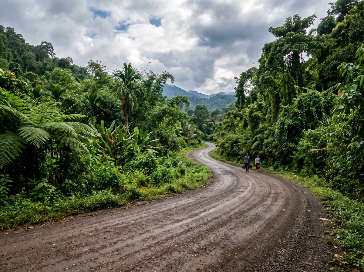 Vía rural de tierra estabilizada con FixRoad® en una zona tropical lluviosa