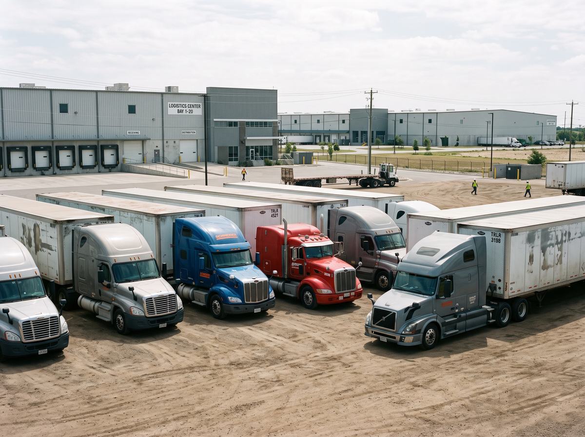 Patio de estacionamiento industrial de tierra compactada estabilizado con FixRoad®, con camiones de carga larga