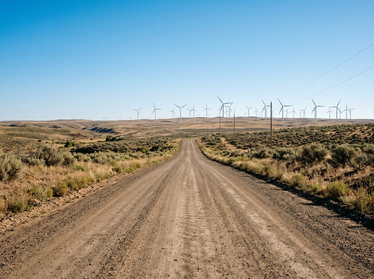 Camino de servicio de tierra compactada hacia un parque eólico estabilizado con FixRoad®